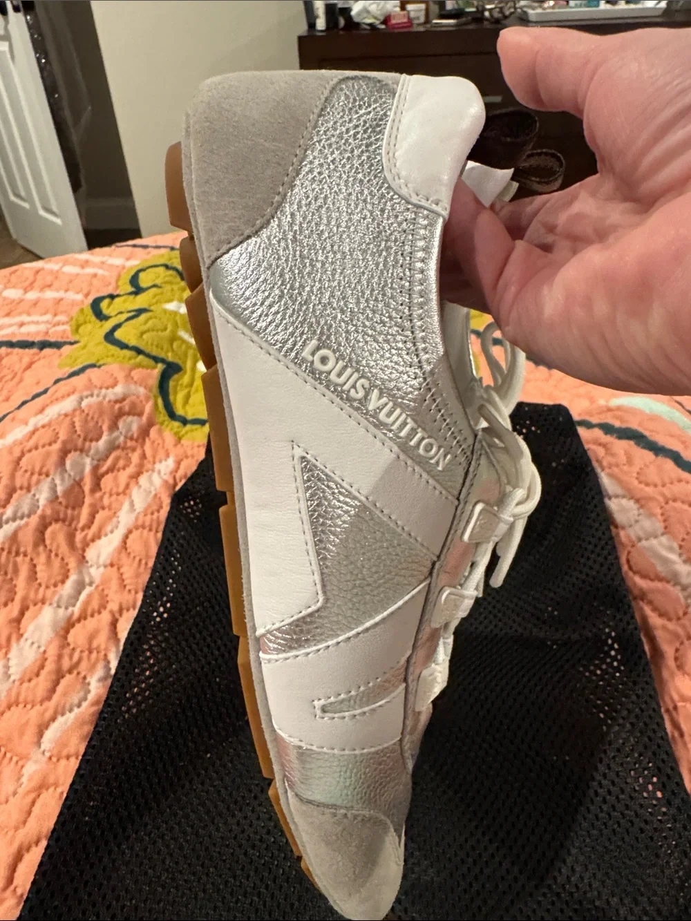 Louis Vuitton Silver and White Women’s Lace-Up Leather Sneakers